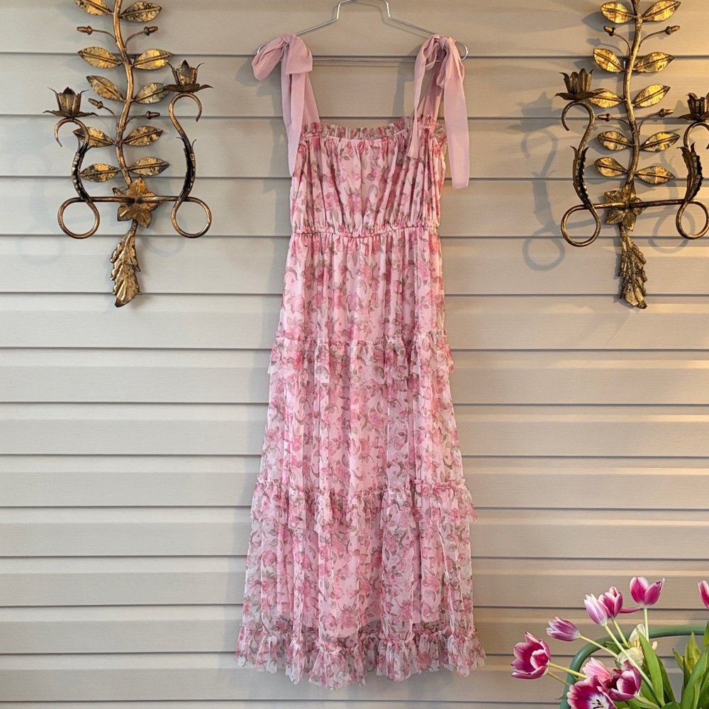 MINE Pink and Gray Floral Tiered Maxi Dress with Tie Straps